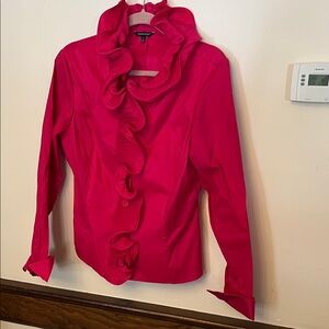 Samuel Dong L Spandex Washable Pink Ruffle-Front Button Down Blouse or Jacket